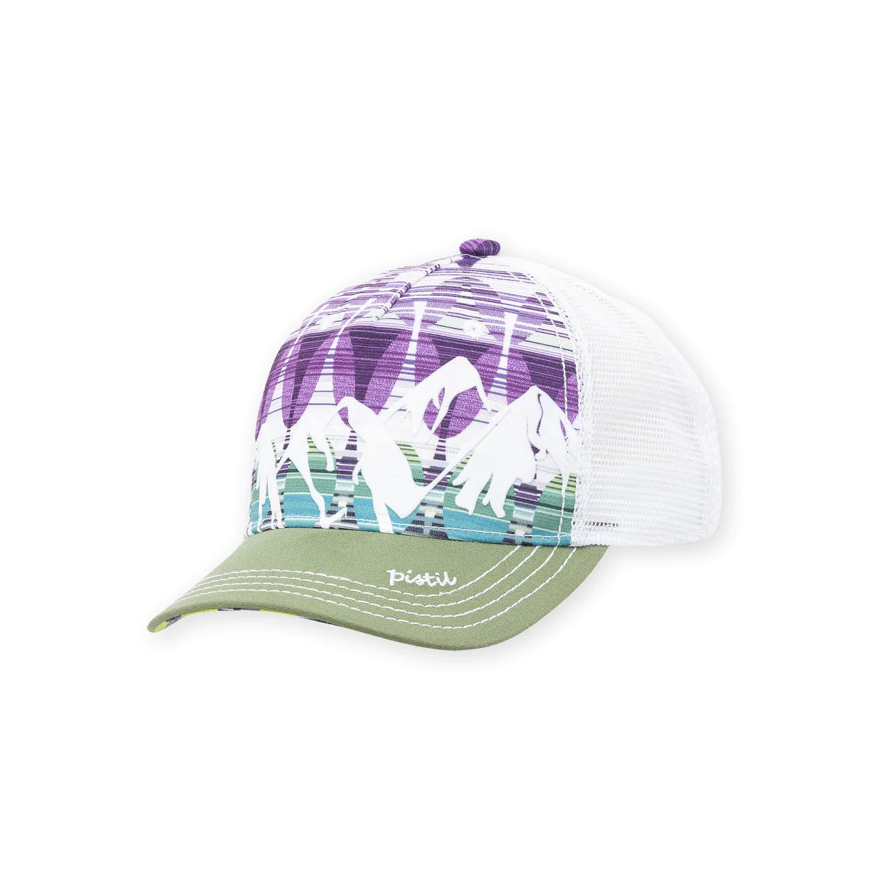 A Pistil staff favorite, the McKinley features a vibrant velvet mountain range upfront. The women's trucker hat has a contrast-color bill and stitchwork, a print lining under the brim and classic mesh paneling, making it the perfect hat for this year's escapades.