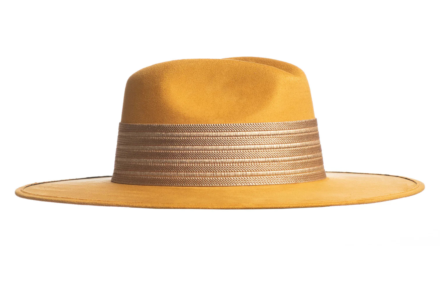 The Isabella hat is stiffened and shaped into a clean and ridged design, swathed in a premium mustard vegan suede. The rancher hat is finished with a thick gold elastic trim.