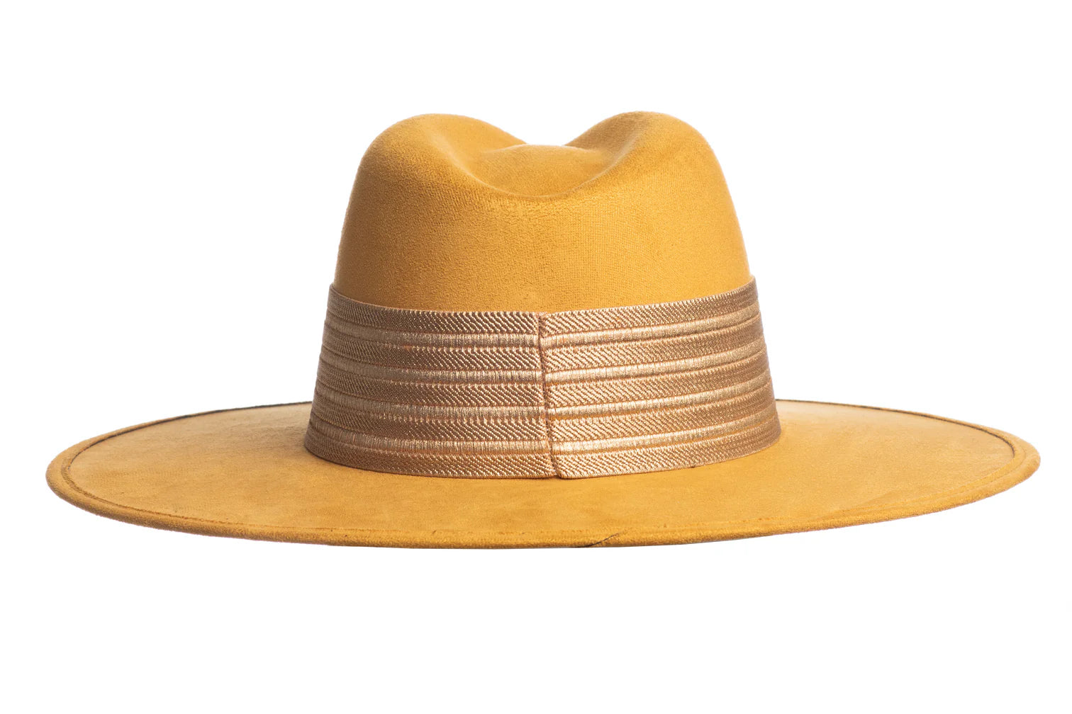 The Isabella hat is stiffened and shaped into a clean and ridged design, swathed in a premium mustard vegan suede. The rancher hat is finished with a thick gold elastic trim.