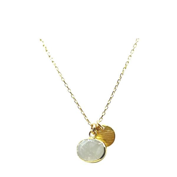 Introducing Athena Designs Judy necklace with electroform moonstone! The brushed gold plated disk and 14kt gold fill chain add a touch of luxury. Embrace your unique style with this playful piece.