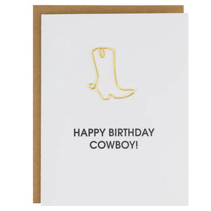 Our "Happy Birthday, Cowboy" card is letterpress printed on a vintage printing press in sunny California. Card includes a heavy duty cowboy boot paper clip. Paperclip can be used as a giftcard or cash holder on the inside of the card. Once you are finished using with the card, it can be used as a paperclip or bookmark.