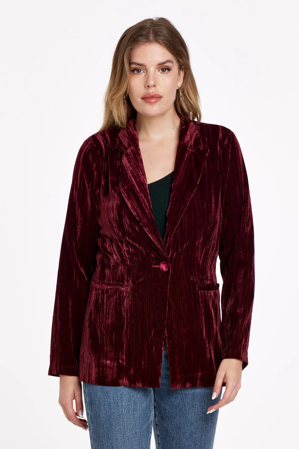 Blazer jacket long sleeve with button closures, patch pockets in crimpled velvet body. Ever versatile, perfect blend of chic or formal with that extra sazz of velvety luxe &amp; shine! Solid color woven on standard fit.