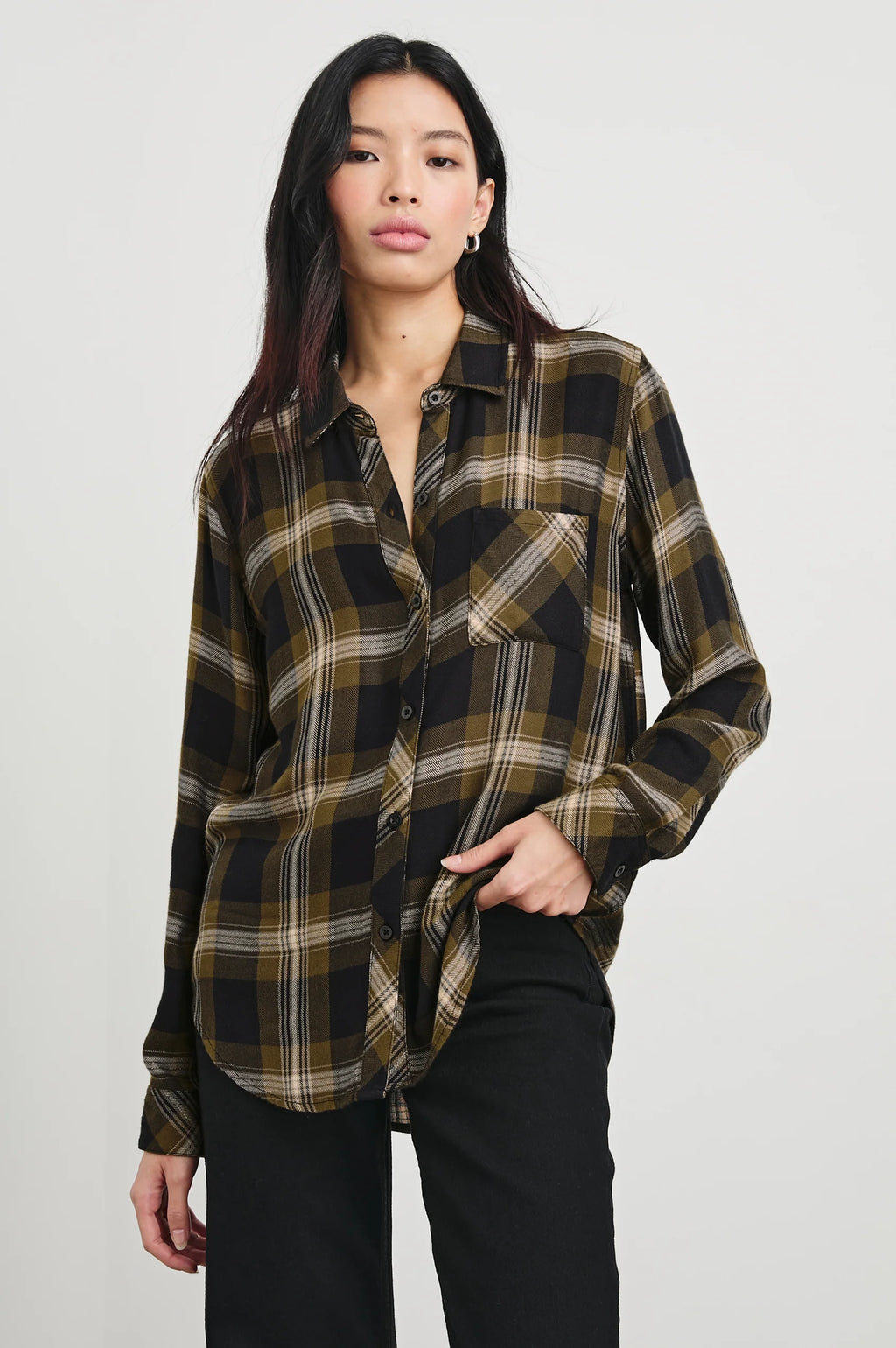 The classic RAILS long sleeve plaid button-down shirt. Made from our signature, ultra soft rayon fabric featuring a loose twill weave. This style is a year-round comfort classic featuring a single chest pocket.