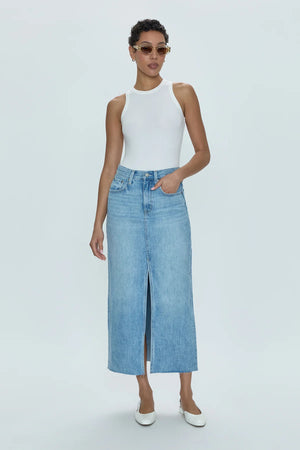 Of-the-moment, yet eternally stylish - our best selling skirt features an elongated midi length and five pocket denim design notes. Crafted from rigid denim without stretch for sophisticated fit and fall, with a well considered front skirt slit for ease of movement. Brooklyn is a clean, light wash denim with a touch of vintage inspired fading.