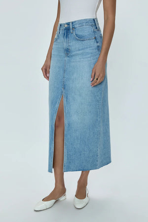 Of-the-moment, yet eternally stylish - our best selling skirt features an elongated midi length and five pocket denim design notes. Crafted from rigid denim without stretch for sophisticated fit and fall, with a well considered front skirt slit for ease of movement. Brooklyn is a clean, light wash denim with a touch of vintage inspired fading.