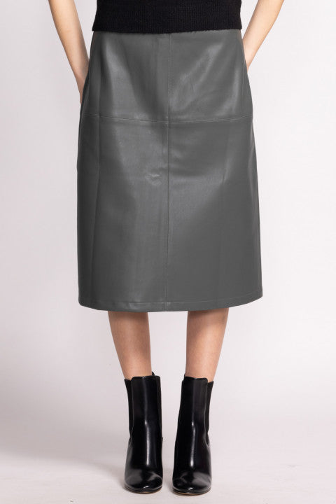 Rely on the classic style of the Pink Martini Peyton Skirt for your wardrobe. This A-line faux leather mid-length skirt is both timeless and modern, lending an edgy yet polished look to any outfit. Wear it for a night out or dress up for the office with this classic skirt.