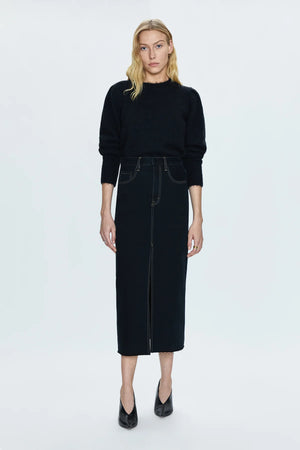 Of-the-moment, yet eternally stylish - our best selling skirt features an elongated midi length and five pocket denim design notes. Crafted from rigid denim without stretch for sophisticated fit and fall, with a well considered front skirt slit for ease of movement. Noir is deeply saturated black washed denim with vibrant contrast stitching.