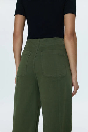 Reporting for duty. Super high waist trouser with a statement button up fly, free of front pockets for a slimming, structured fit. Double paneled legs crafted to fall into a relaxed, barrel leg silhouette that crops at the ankles. Admiral is an elevated, military green color way that doubles as a seasonal neutral for endless styling potential.