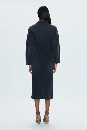 Rigid denim dress with a midi length skirt, designed with a dropped, dollman sleeve silhouette. 