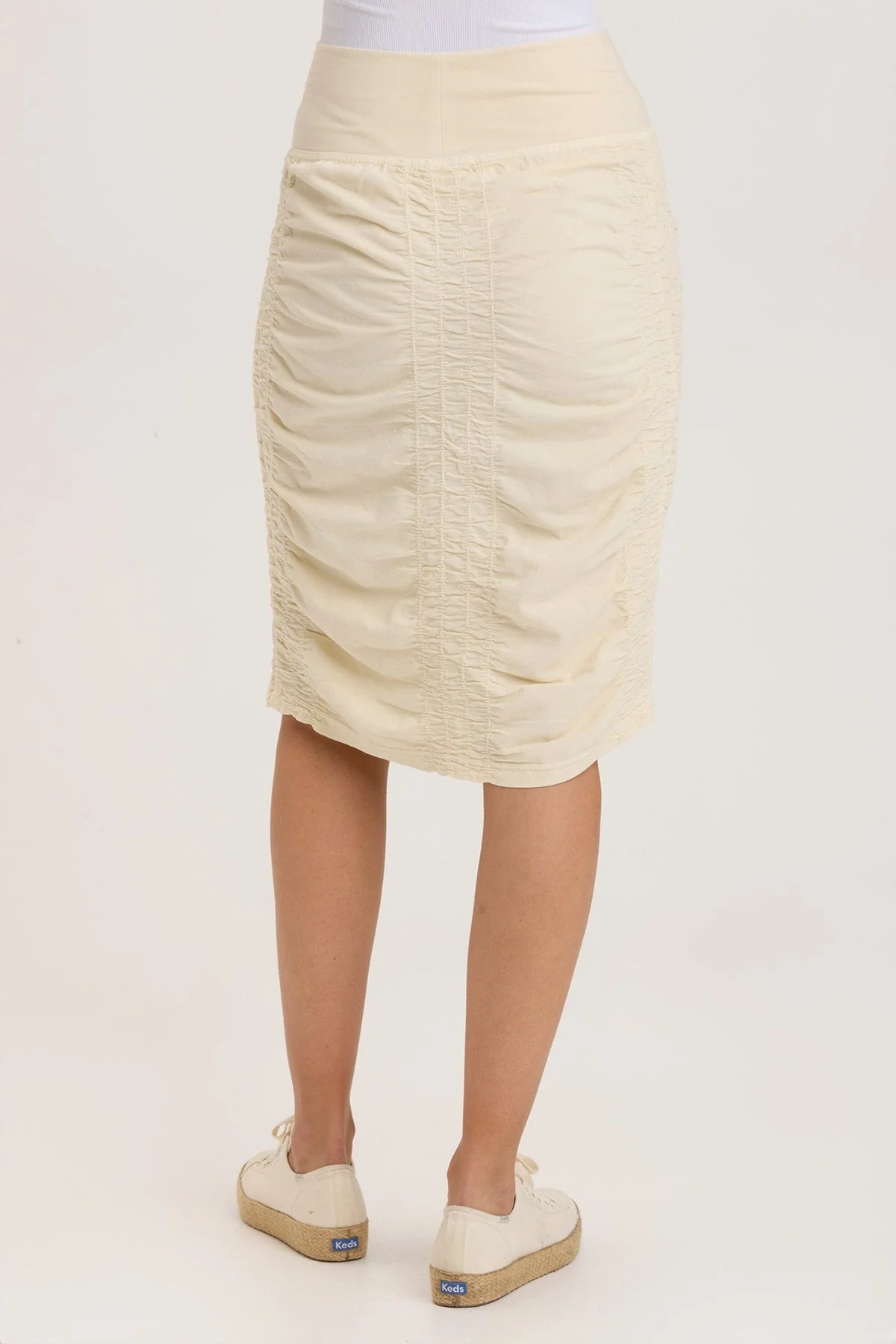 Our most flattering skirt got a little make over. The Trace Midi has been update with a high waist pull on jersey waistband and ruching from waistline to knee length hem.