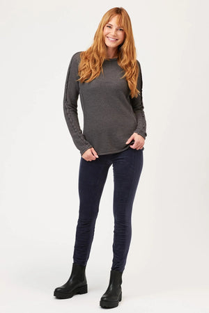 Our most popular long legging - in Stretch Corduroy, is now with a higher rise, and a 2" elastic for a pull-on waist - features ruching on front leg from hem to knee, and jersey inserts on sides for a cozy fit.
