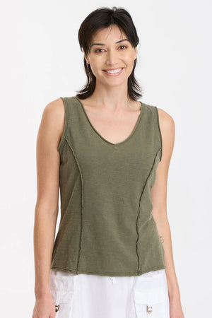 In slub jersey, the bra-friendly Laramie Tank features reversed stitched princess seams, a v-neck cut, and raw-edge details at the neck, hem, and armhole.