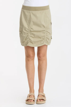 &nbsp;A new ruched mini skirt with eyelet-adorned cargo pockets and a pull-on waist.