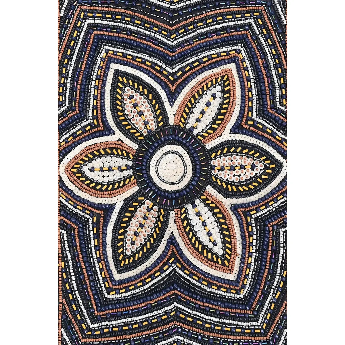 Decorative fabric with a floral pattern in navy, orange, and beige on a white background