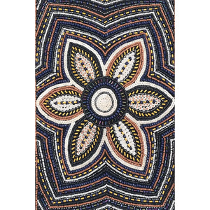 Decorative fabric with a floral pattern in navy, orange, and beige on a white background