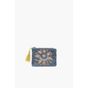 Blue denim pouch with gold embroidery and a tassel on a white background