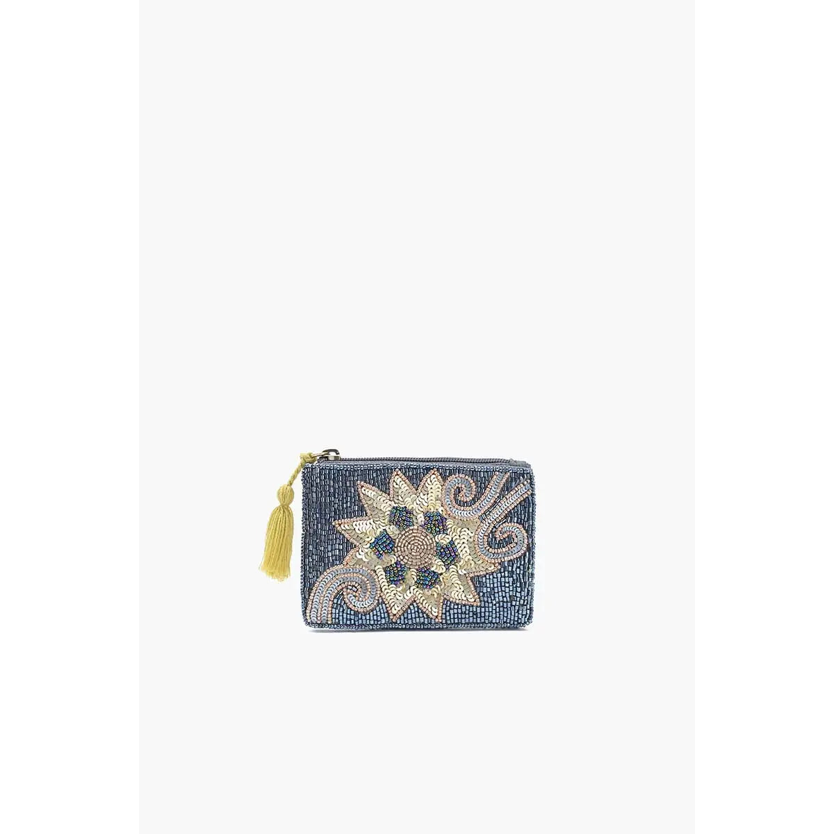 Blue pouch with gold floral design and tassel on a white background