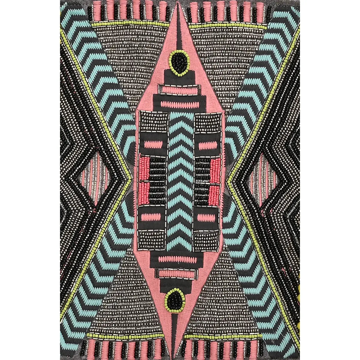 Decorative pillow with geometric pattern and central design resembling a clock tower.