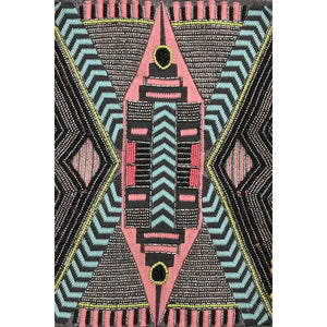 Decorative pillow with geometric pattern and central design resembling a clock tower.