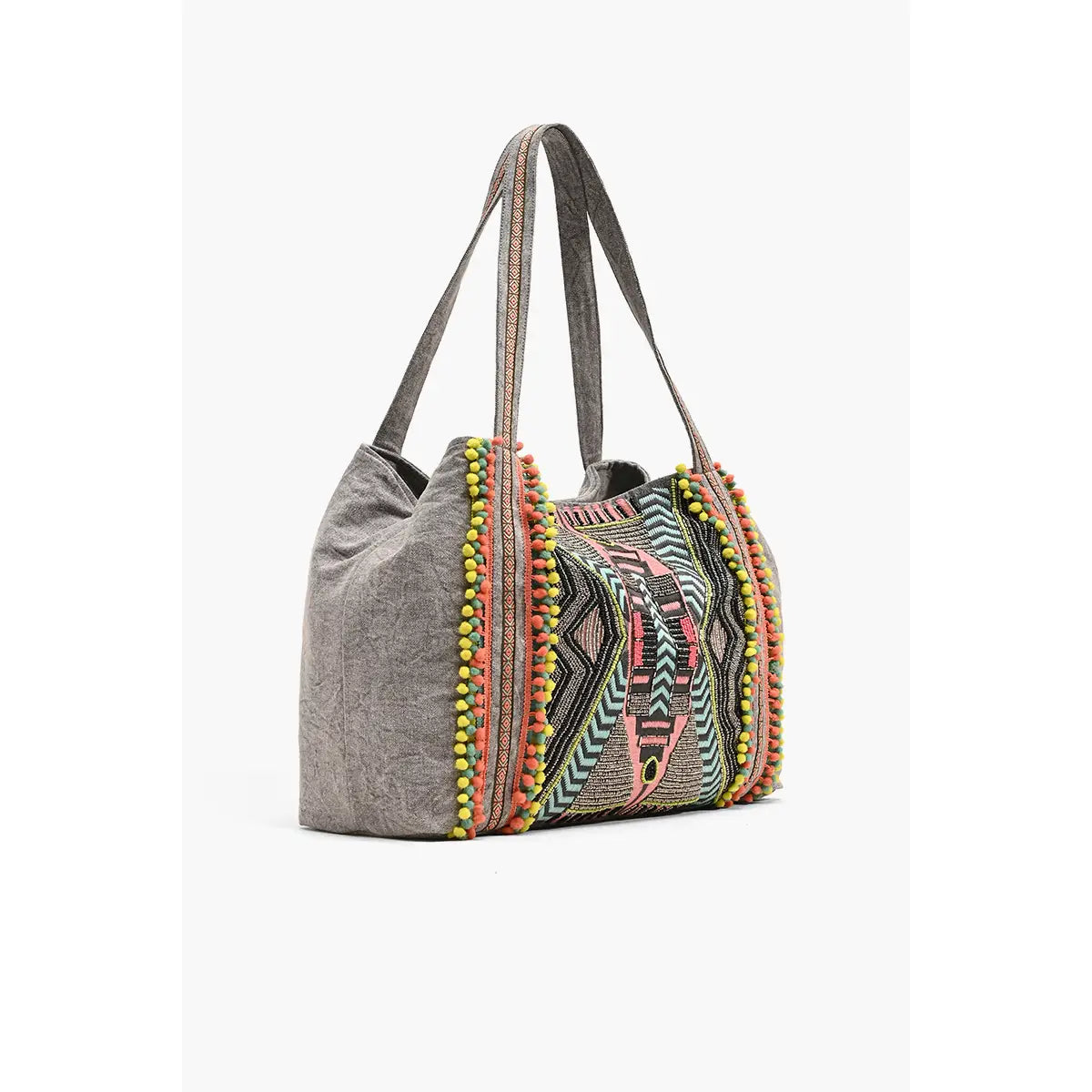 Gray tote bag with colorful tribal pattern on a white background