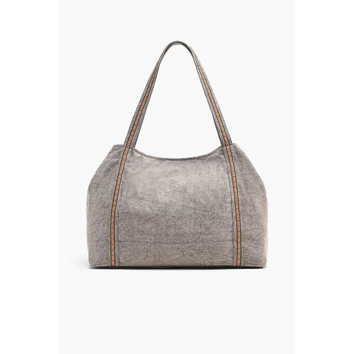 Gray tote bag with brown stitching on a white background