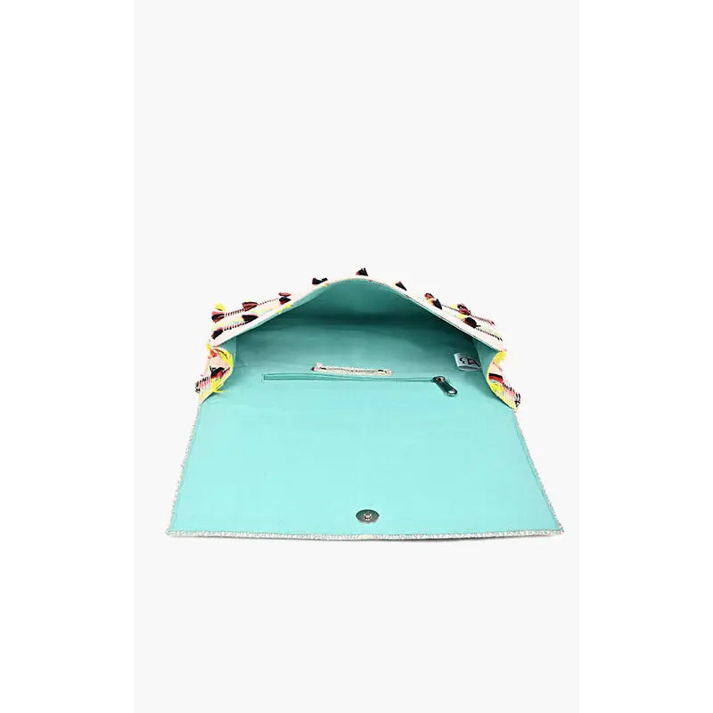 Elevate your style with this playful hand-beaded clutch from America &amp; Beyond! Every intricate bead tells a story of craftsmanship and fun. Switch between elegant handheld or carefree shoulder wear with the detachable chain.