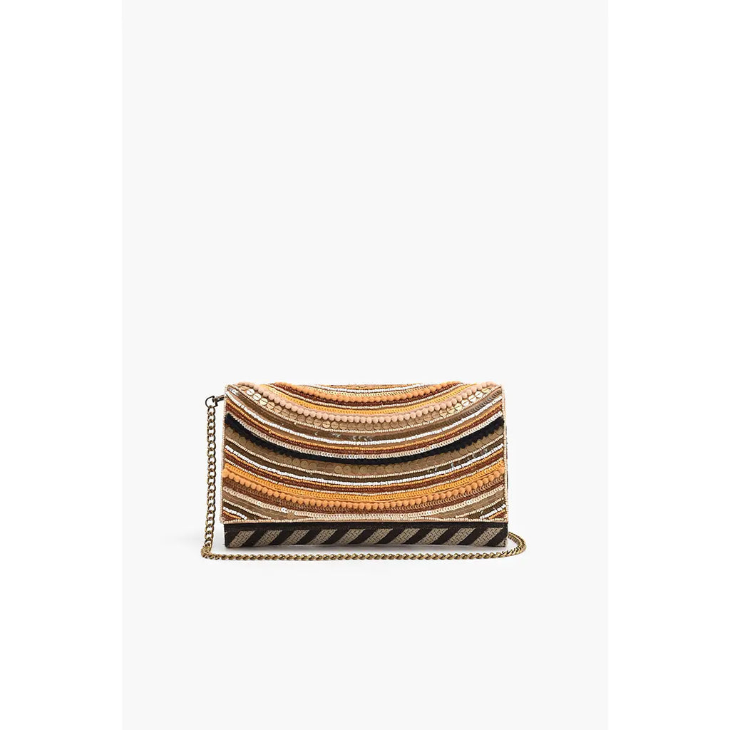 Striped handbag with a chain detail on a white background