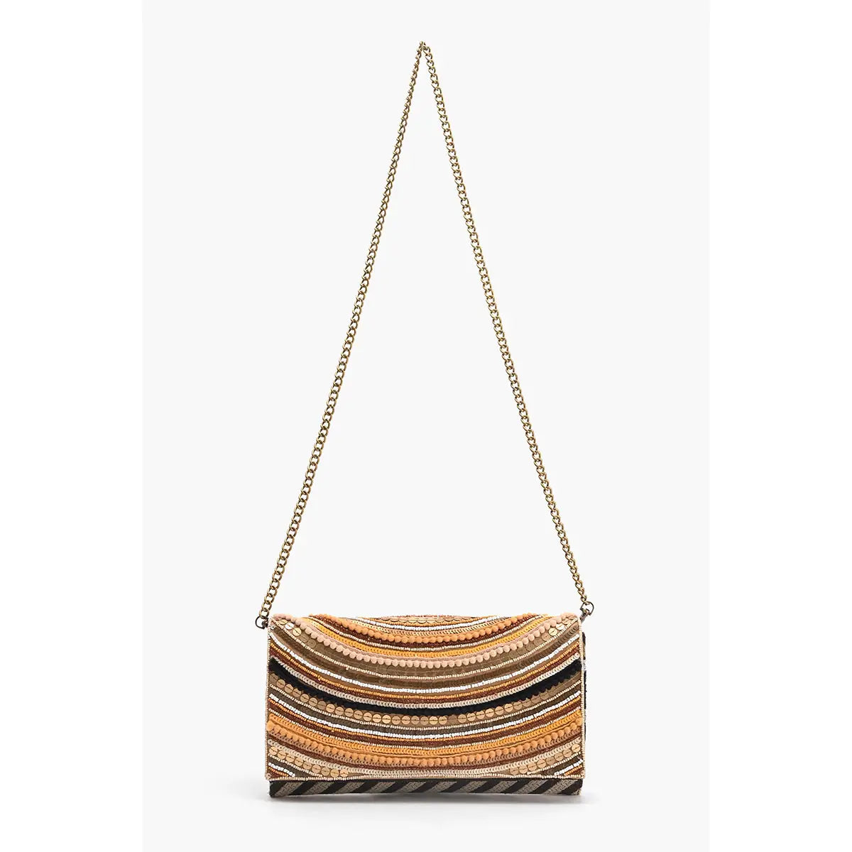 Striped handbag with a chain strap on a white background