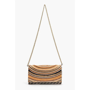 Striped handbag with a chain strap on a white background