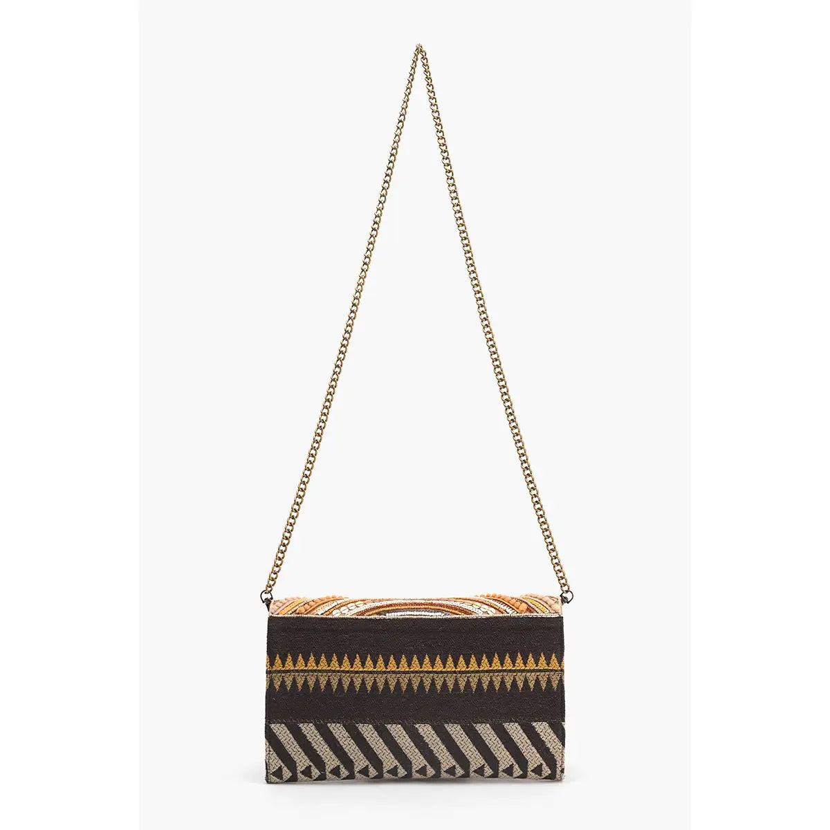 Handbag with geometric pattern and chain strap on a white background