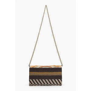 Handbag with geometric pattern and chain strap on a white background