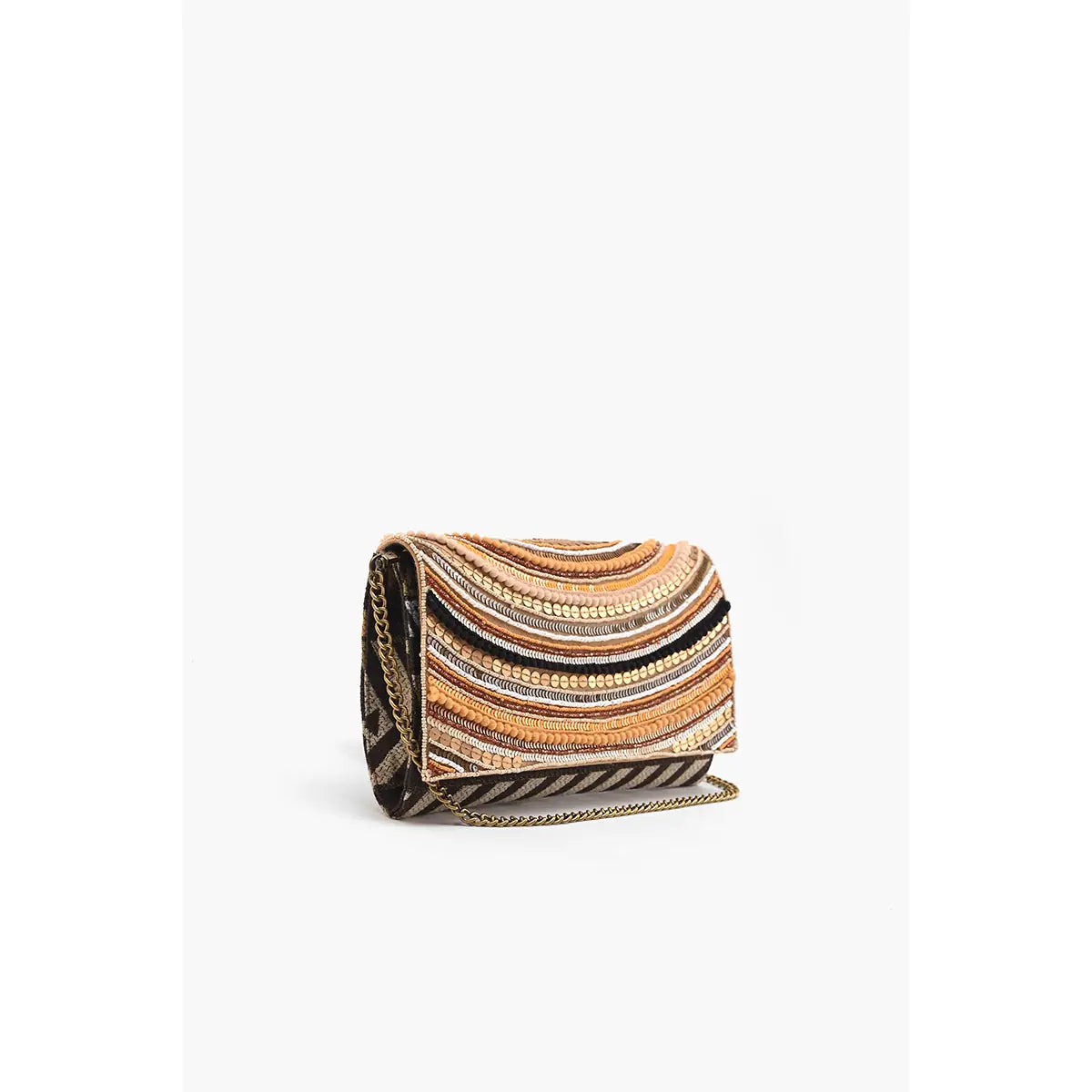Striped handbag with a chain strap on a white background