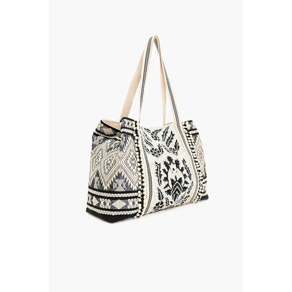Black and white patterned tote bag on a white background