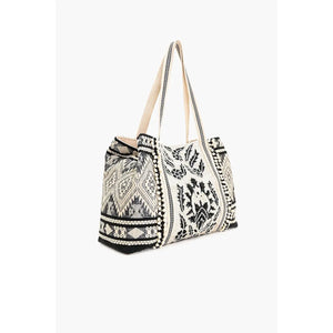 Black and white patterned tote bag on a white background