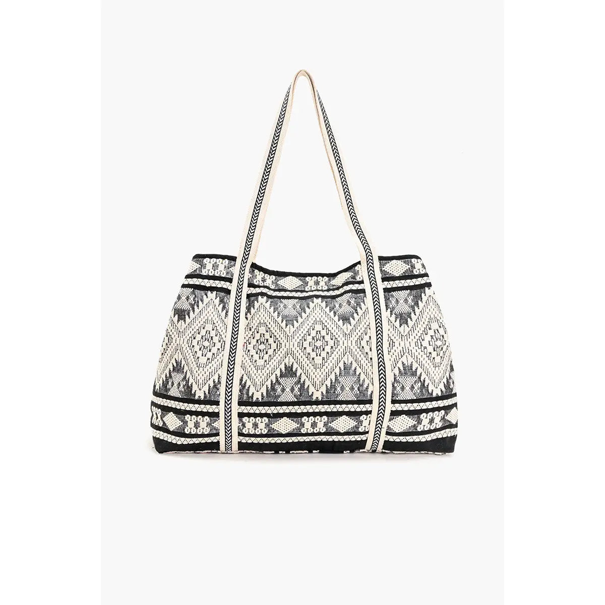 Black and white patterned tote bag on a white background