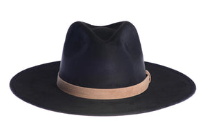 The crown of the North hat is stiffened and shaped into a clean and ridged design, that is swathed in premium faux suede. The black rancher hat & has a double bound synthetic suede tan trim.