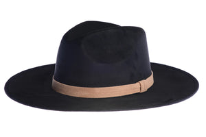 The crown of the North hat is stiffened and shaped into a clean and ridged design, that is swathed in premium faux suede. The black rancher hat & has a double bound synthetic suede tan trim.