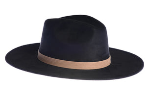 The crown of the North hat is stiffened and shaped into a clean and ridged design, that is swathed in premium faux suede. The black rancher hat & has a double bound synthetic suede tan trim.