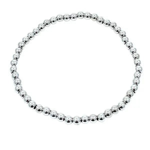 Silver beaded necklace on a white background