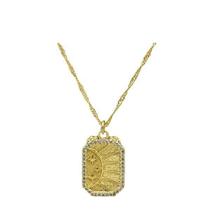 Reach for the stars with our Dina celestial pendant! Delicate star motifs dance across luxurious brushed 18kt gold fill, while a dazzling border of cubic zirconia catches light from every angle. 