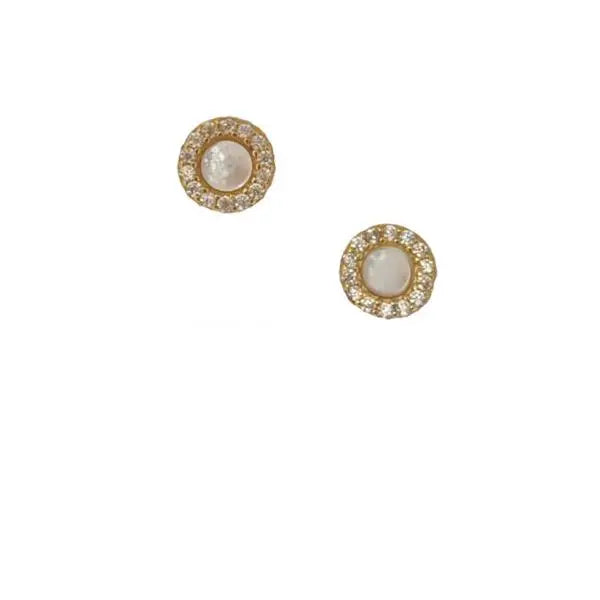 Pair of gold earrings with pearl-like centers on a white background