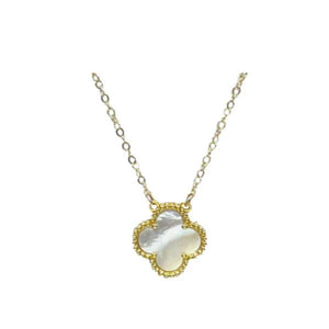 Georgia necklace featuring a 24kt gold plated clover designed with Mother of Pearl for a touch of elegance. 