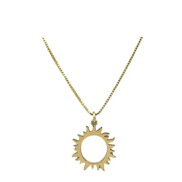 Gold necklace with a sun-shaped pendant on a white background