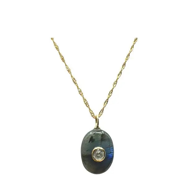 Necklace with a dark green pendant featuring a diamond on a white background