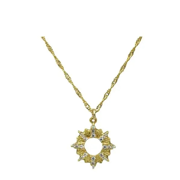 Gold necklace with a sunflower-shaped pendant on a white background