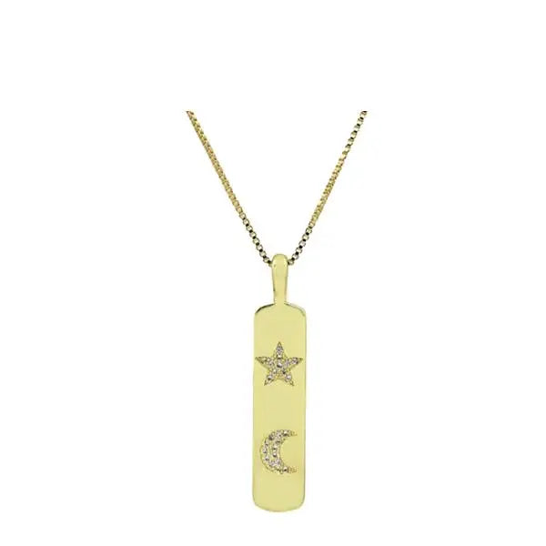 Gold necklace with a pendant featuring a star and moon design on a white background