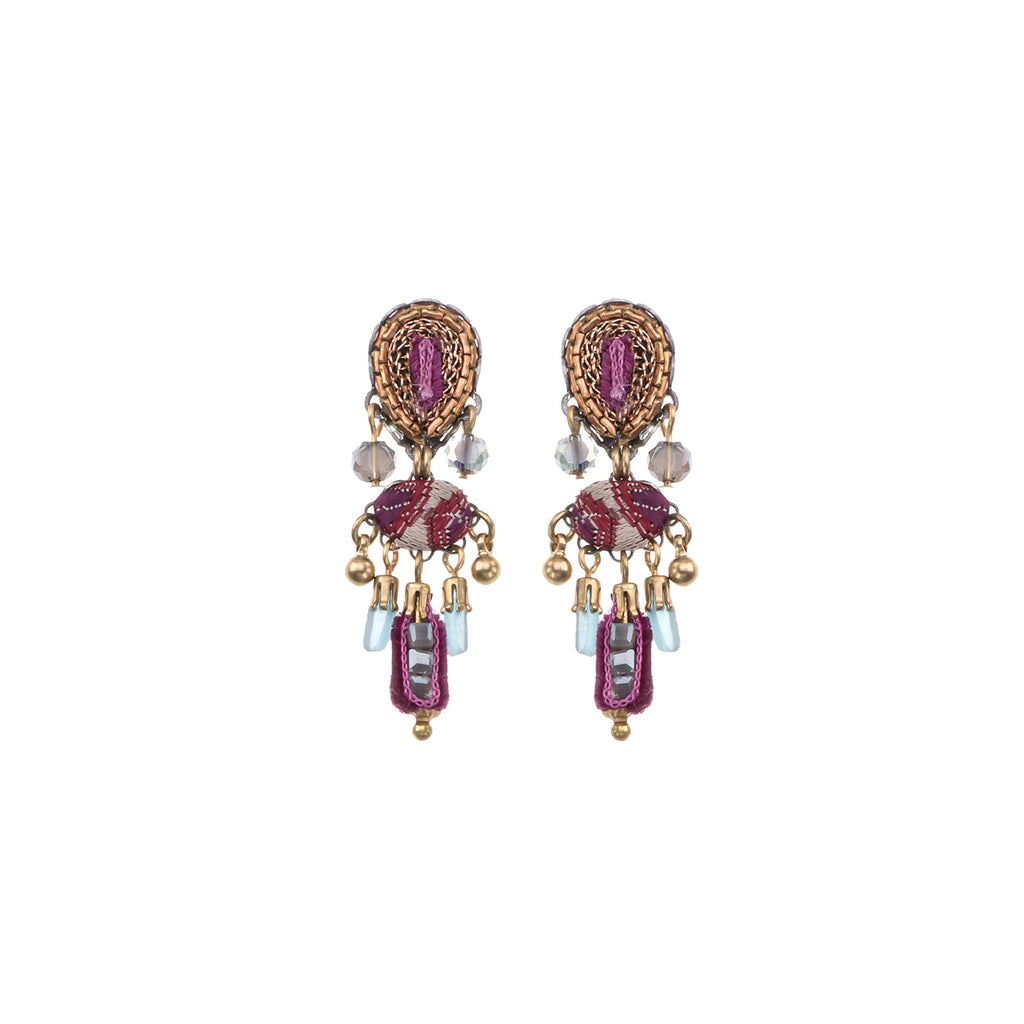 Pair of ornate earrings with pink gemstones and gold accents on a white background