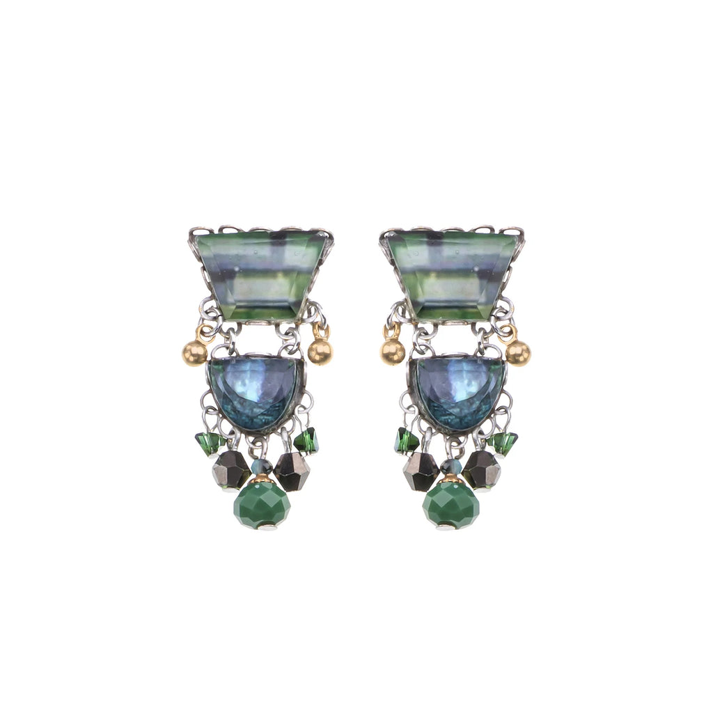 Pair of earrings with green and blue gemstones on a white background