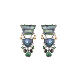 Pair of earrings with green and blue gemstones on a white background