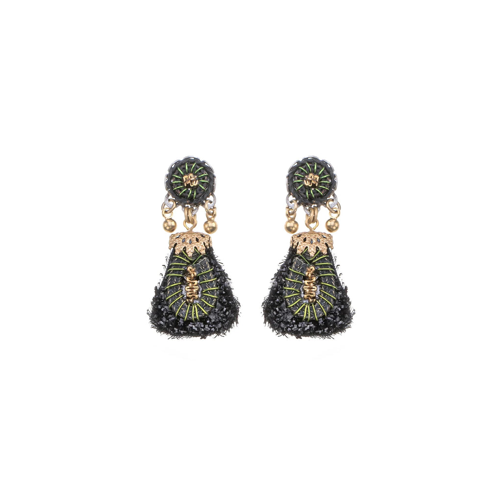 Pair of black and gold earrings on a white background